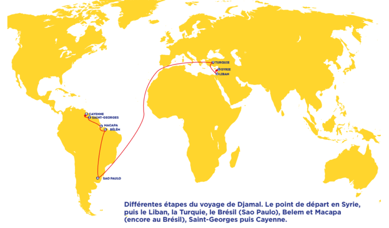 Carte : l'itinéraire d'un ressortissant syrien avant d'arriver en Guyane