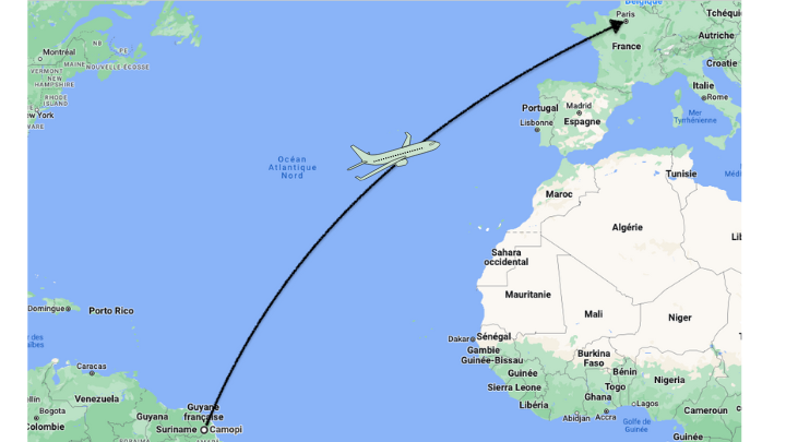 Carte d'un avion effectuant le trajet Camopi - Paris